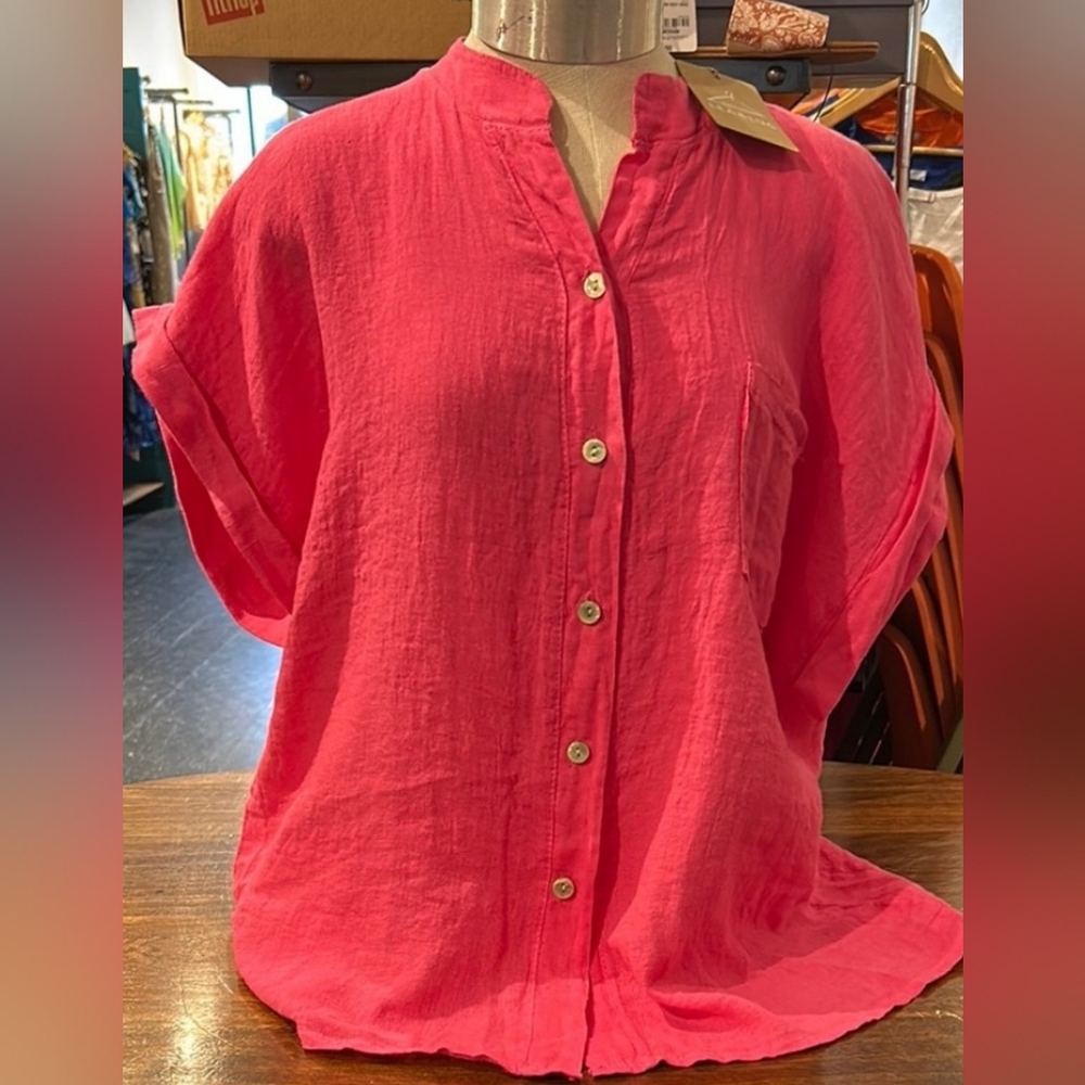 100% Italian Linen Pink Dolman Sleeve Button Down Shirt w/ Mandarin Collar